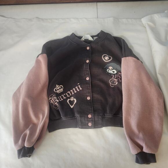 Kuromi Baseball Jacket Size 8 10 Black Pink Snap Long Sleeves 40 in B23 - Picture 1 of 8